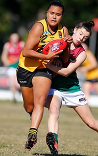 AFLW 2017 U18 Championships - WA v Allies GOLD COAST, AUSTRALIA - JULY 12: Wa's Emily Macguire takes a mark during the 2017 AFLW Under 18 Championships match between Western Australia and the Allies at Broadbeach FC on July 12, 2017 in Gold Coast, Australia. (Photo by Jason O'Brien/AFL Media)